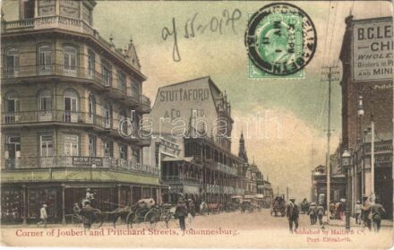 1911 Johannesburg, Corner of Joubert and Pritchard Streets, Stuttaford & Co., D.W. Sims, The Anglo Austrian Boot, shops. TCV card