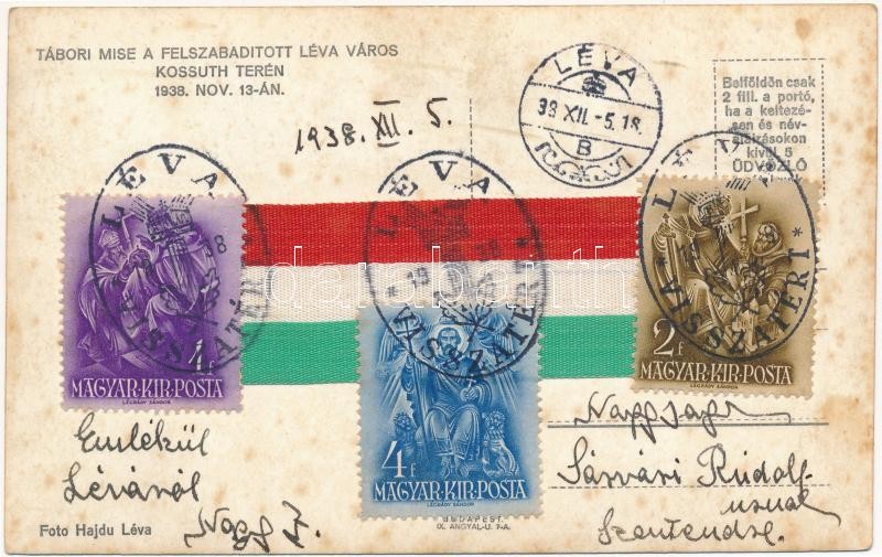 1938 Léva, Levice; bevonulás, tábori mise a Kossuth téren, Knapp Dávid üzlete és Szenessy vendéglő. Hátoldalon magyar szalag / entry of the Hungarian troops, camp mass on the square, restaurant, shop. Hungarian ribbon on the backside + - Image 2