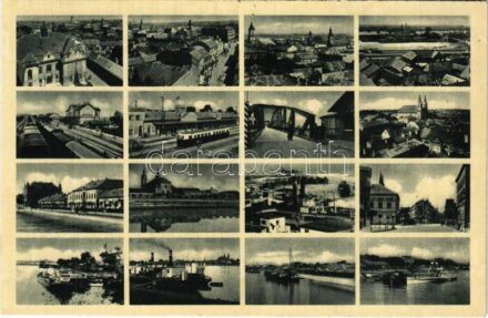 Komárom, Komárnó; mozaiklap, vonat, hajó / multi-view postcard, train, ship