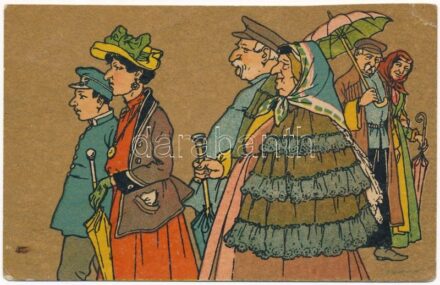 Tbilisi, Tiflis; Jewish family on a walk. Judaica art postcard, litho (r)