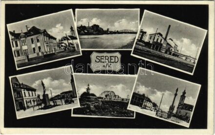 1931 Szered, Sereth, Sered nad Váhom; Községháza, utca, automobil, cukorgyár, Vág híd, úszó vízi hajómalom (vízimalom). Z. Gross kiadása / town hall, street view, automobile, sugar factory, bridge, Váh river with floating watermill