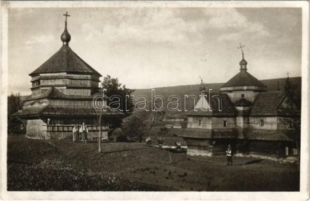 Kőrösmező, Yasinia, Yasinya, Jassinja, Jasina (Máramaros); Strukivsky kostel se zvonicí / Sztrukivszkai fatemplom, Hucul folklór. S. Galac kiadása / wooden church in Strukivska, Hutsul folklore