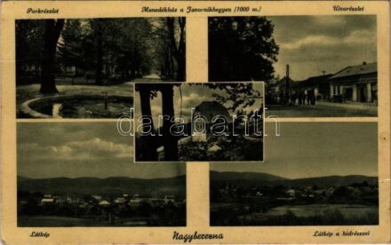 1939 Nagyberezna, Velykyi Bereznyi, Velky Berezny; park, utca, híd, menedékház a Javornik hegyen. Moskovits Izidor kiadása / park, street, bridge, rest house on the mountain + kétnyelvű bélyegző / bilingual cancellation (EK)