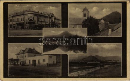 1939 Huszt, Chust, Khust; vasútállomás, vár, automobil, üzletek, autóbuszok. Ignaz Ausländer kiadása / railway station, castle, automobile, shops, autobuses + kétnyelvű bélyegző / bilingual cancellation (EK)