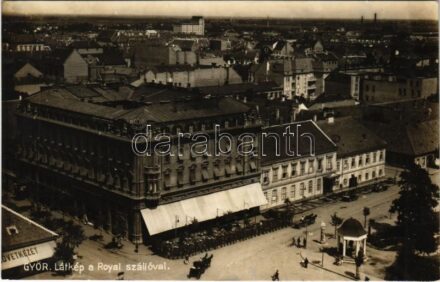 Győr, Látkép és Royal szálló, kút, szövetkezeti üzlet