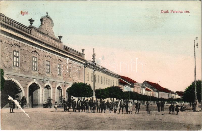 1914 Igló, Zipser Neudorf, Spisská Nová Ves; Deák Ferenc sor, Takarékpénztár. Dörner Gyula kiadása / street view, savings bank (felületi sérülés / surface damage)