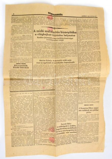 1939.I.28 Uj Magyarság lap 3. és 4. oldalból álló töredéke, 4. oldalon több zsidótörvénnyel kapcsolatos írással: hajtásnyomokkal, apró szakadásokkal.