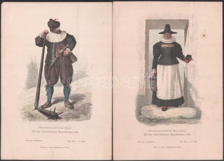 cca 1870-80 össz. 8 db történelmi népviseletet és divatot ábrázoló színes litográfia, fametszet és nyomat (Ausztria, Felső-Bajoroszág, Belgium, Párizs stb.), papír, részben foltos és lap széle sérült. Ca. 29x20 cm