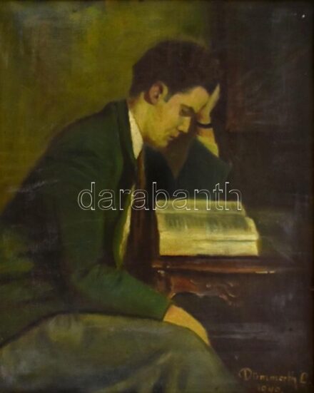 Dümmerth L (?) 1949 jelzéssel: Olvasó férfi. Olaj, vászon, jelezve jobbra lent. Díszes fa keretben, 50x40 cm