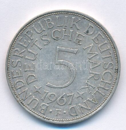 NSZK 1967F 5M Ag T:2 patina FRG 1967F 5 Mark Ag C:XF patina Krause KM#112.1