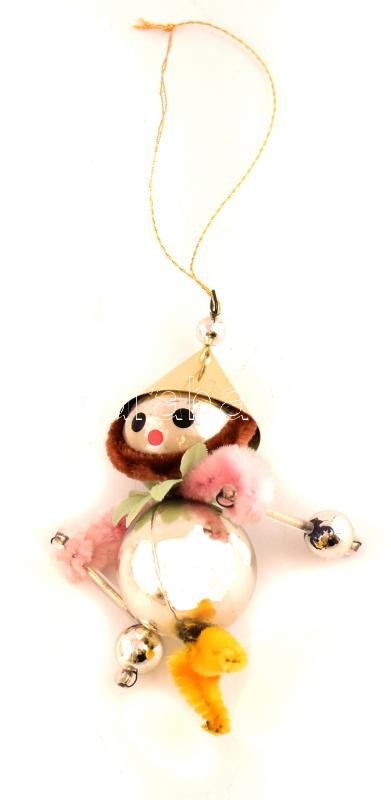 Retró karácsonyfadísz, síelő zsenília baba figura, h:8 cm