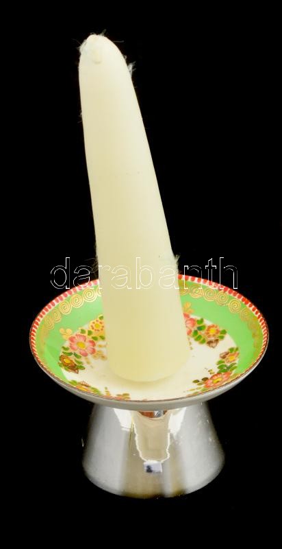 Kézzel festett/matricás porcelán gyertyatartó, jelzetlen, hibátlan, ezüst(Ag) talppal, jelzett, m: 5 cm