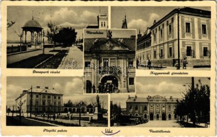 1939 Vác, Dunapart, városháza, püspöki palota, vasútállomás, autóbuszok, kegyesrendi gimnázium