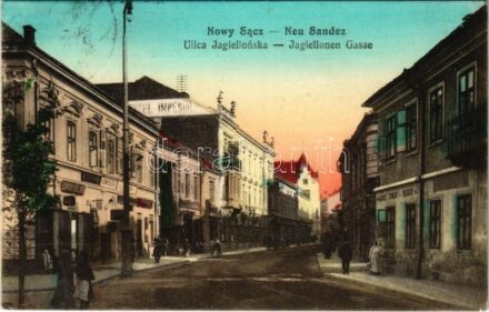 Nowy Sacz, Nowego Sacza, Neu Sandez, Újszandec; Ulica Jagiellonska / Jagiellonen Gasse / street, Hotel Imperial, shops of Edward Koellne, Konfekcia