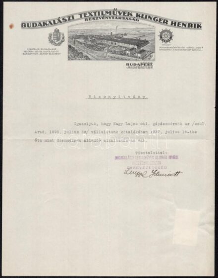 1937 Budakalászi Textilművek Klinger Henrik Rt. munkáltatói igazolása, a cég fejléces papírján