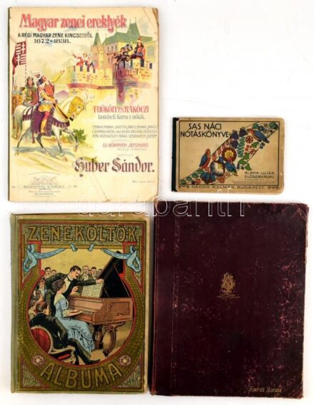 Vegyes zenei tétel, 4 db, Magyar zenei ereklyék. A régi magyar zene kincseiből. 1672-1838. Thököly és Rákóczi korabeli kuruc nóták. Szerk.: Huber Sándor. Bp., én., Rozsnyai Károly. Félvászon-kötésben, az elülső borító