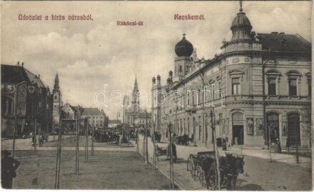 1911 Kecskemét, Rákóczi út, zsinagóga, piac, bélyeg áruda, Deutsch József üzlete + 'BÁZIÁS-BUDAPEST 3' mozgóposta