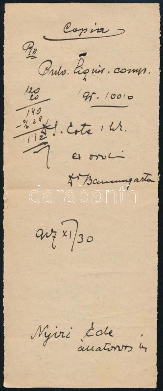 1927 Dr. Baumgartner Sándor járási tiszti orvos, Igal, kézzel írt recept copia az orvos aláírásval, Nyíri Ede állatorvos részére, lap tetején kisebb lyukkal, hajtásnyommal