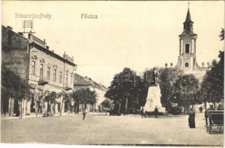1929 Sátoraljaújhely, Fő utca, templom, szobor, Club kávéház + 'SÁTORALJAÚJHELY-BUDAPEST 34' mozgóposta (EK)