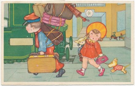 1940 Felmálházva / Children art postcard. Amag 0320. s: Margret Boriss + 'TISZAUG-KECSKEMÉT 194' mozgóposta