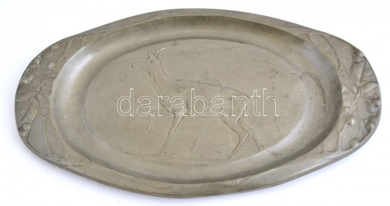 Kayserzinn jelzésű szecessziós ón tálca, őzbak motívummal, 41x24 cm