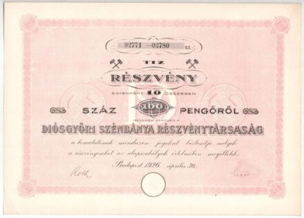 Budapest 1926. 'Diósgyőri Szénbánya Részvénytársaság' részvénye 100P-ről, szárazpecséttel és szelvényekkel T:I-,II