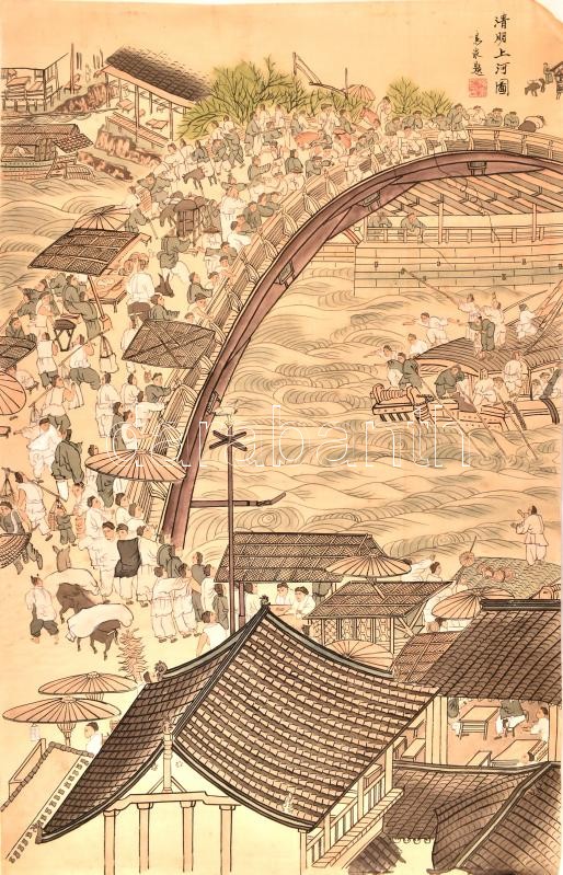 Ismeretlen jelzéssel, kínai alkotó XX. közepi munkája: Forgatag. Akvarell, tus, papír. Hátoldalán apró foltokkal. 93×60 cm