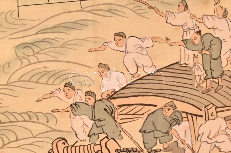 Ismeretlen jelzéssel, kínai alkotó XX. közepi munkája: Forgatag. Akvarell, tus, papír. Hátoldalán apró foltokkal. 93×60 cm - Image 3