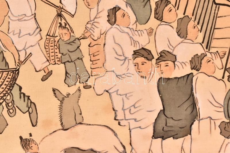 Ismeretlen jelzéssel, kínai alkotó XX. közepi munkája: Forgatag. Akvarell, tus, papír. Hátoldalán apró foltokkal. 93×60 cm - Image 4