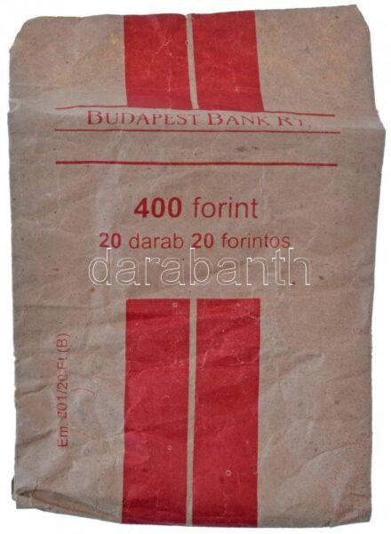 ~1990. Budapest Bank papírzacskó, 20db 20Ft érme számára üresen, használt, bontott állapotban