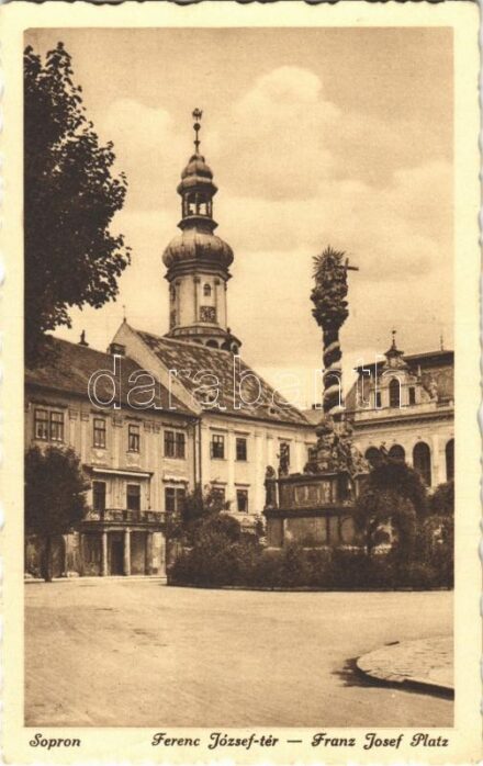 Sopron, Ferenc József tér, Szentháromság szobor + 'A SZENT JOBB ORSZÁGJÁRÁSA 1938. VI. 20. SOPRON' So. Stpl.