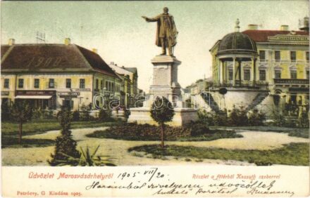 1905 Marosvásárhely, Targu Mures; Fő tér és Kossuth szobor, Takarékpénztár, Falkenstein Ödön, Bartsch Károly és Henning Ödön üzlete / main square, statue, savings bank, shops
