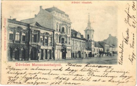 1900 Marosvásárhely, Targu Mures; Fő tér, Iparos Polgári Egylet, Muntyán Géza, Petrás Géza, Szalmásy Gyula, Schwartz János üzlete. Holbach Ede kiadása / main square, shops, Craftsman Civic Association (EB)