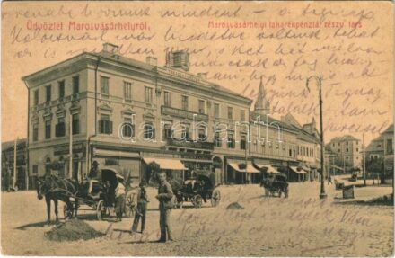 1907 Marosvásárhely, Targu Mures; Takarékpénztár részv. társaság, tér, lovashintók, Budapesti férfi ruharaktár, Harmath Sándor, Bucher Lajos üzlete. W.L. (?) No. 32. / street, savings bank, horse chariots, shops