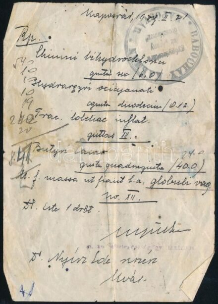 cca 1941 Kézzel írt recept, Babochay Kálmán gyógyszertára az 'Arany Oroszlánhoz', Kaposvár bélyegzőjével és Nyíri Ede állategészségügyi tanácso halvány bélyegzőjével. Hátoldalán több Arany oroszlán gyógyszertár,