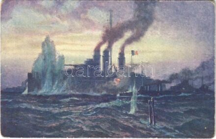 SM Unterseeboot U XII lanziert den französischen Dreadnought 'Jean Bart'. Verlag M. Schulz 1915. K.u.K. Kriegsmarine Österreichischen Flottenverein / WWI Austro-Hungarian Navy's SM U-12 submarine attacks the French battleship 'Jean Bart'