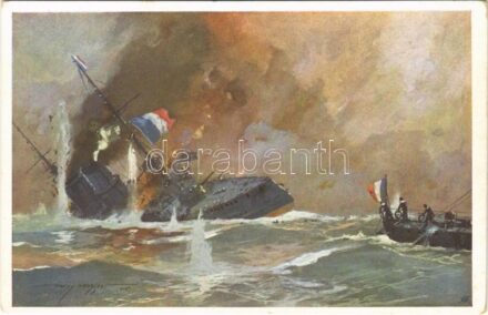Sinken des von den Dardanellenforts beschossenen französischen Panzerkreuzers 'Bouvet'. K.u.K. Kriegsmarine / WWI Austro-Hungarian Navy art postcard, Battle of Gallipolli, sinking French armored cruiser 'Bouvet'. Offizielle postkarte des