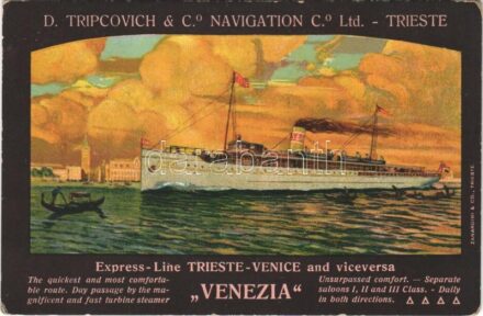 SS Venezia, D. Tripcovich & Co. Navigation Co. Ltd. Trieste. Express Line Trieste-Venice and viceversa, litho