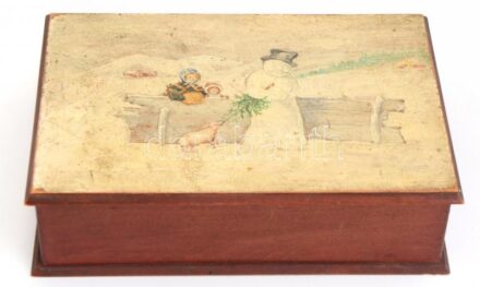 cca XX. sz. eleje Karácsonyi témájú fa doboz, kézzel festett jelenttel a tetején, pecséttel jelzett (Alois Ebeseder, Wien I. Opernring 9.), kopásnyomokkal, 22x15x6 cm