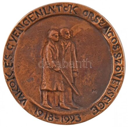 1993. 'Vakok és Gyengénlátók Országos Szövetsége - 1918-1993 / Szívembe hordom én a lángot, - szívembe hordom a napot, - Óh gyújtsatok rokon világot, - Én látok; ti is lássatok! - Reviczky Gy.' öntött Br emlékérem. Szign.: MI