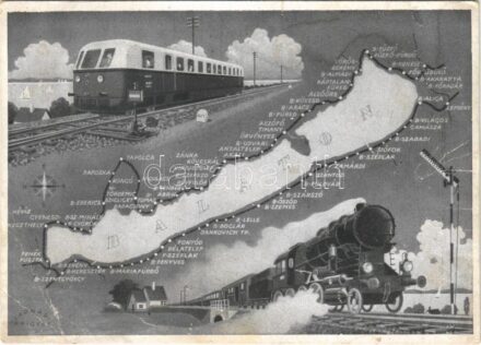 Balaton, térkép, gőz és dízel vonatok. Farnadi Frigyes kiadása (EB)