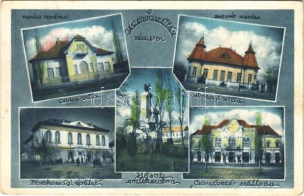 1935 Jászárokszállás, Csuka villa, Surányi villa, Birtokossági épület, Hősök szobra, emlékmű, 'Csörsz' vezér szálloda. Bagi Lipót kiadása (Rb)