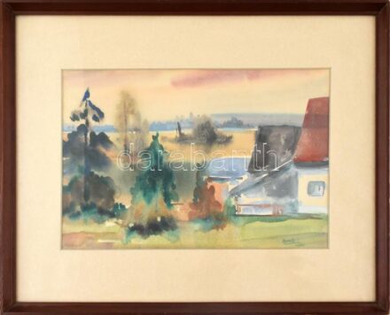 Pettik v. Petrik I 980' jelzéssel: Kertek alján. Akvarell, papír, üvegezett fa keretben, 23,5×34 cm