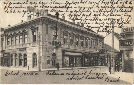1921 Szolnok, Baross utca, Iparvállalat, Zucker Imre, Fehér L., Kenéz Sándor, Altmann Gyula és Gerő Ignác üzlete, Kinolovits Bazár