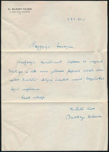 1939. nov. 10 Balkányi Kálmán (1883-1965) közgazdasági író, újságíró, lapszerkesztő, ügyvéd, az Országos Magyar Kereskedelmi Egyesület (OMKE) igazgatójának kondoleáló levele Gerő Ödönnének, Gerő Ödön (1863-1939)