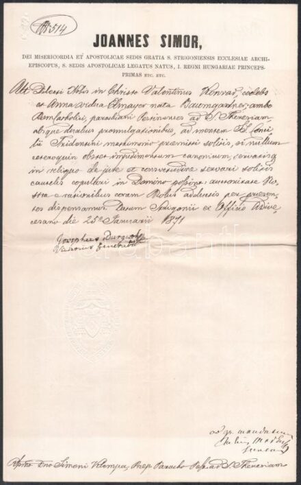 1871 Simor János esztergomi érsek latin nyelvű okmánya, 2 db, Durguth József vikárius aláírásával