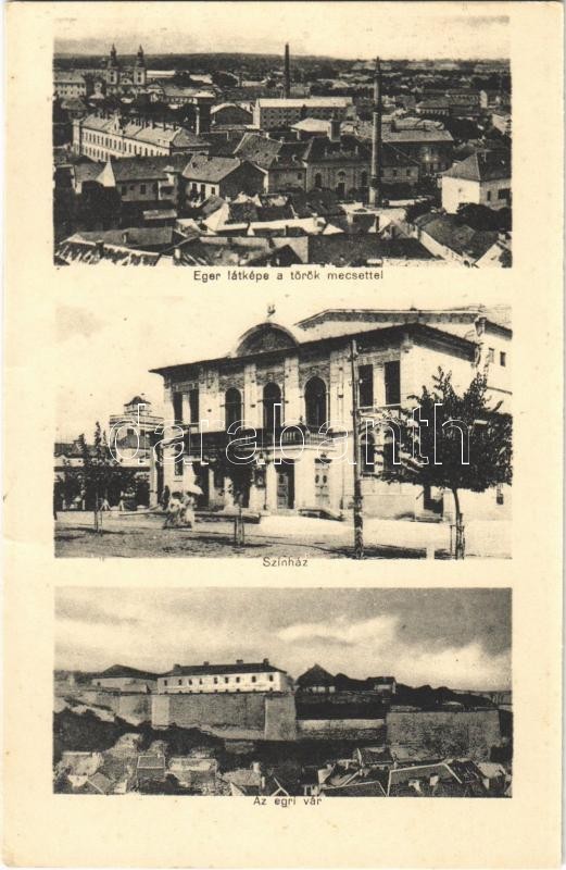 Eger, látkép a török mecsettel, színház, vár (Rb)