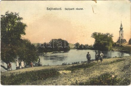 1929 Sajóvelezd, Sajó parti részlet, templom (EK)