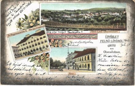 1902 Felsőlövő, Oberschützen; Evangélikus főgimnázium, Fő tér, Központi szálloda. Kirnbauer Ottó 10783. / grammar school, main square, hotel. Floral, Art Nouveau, litho