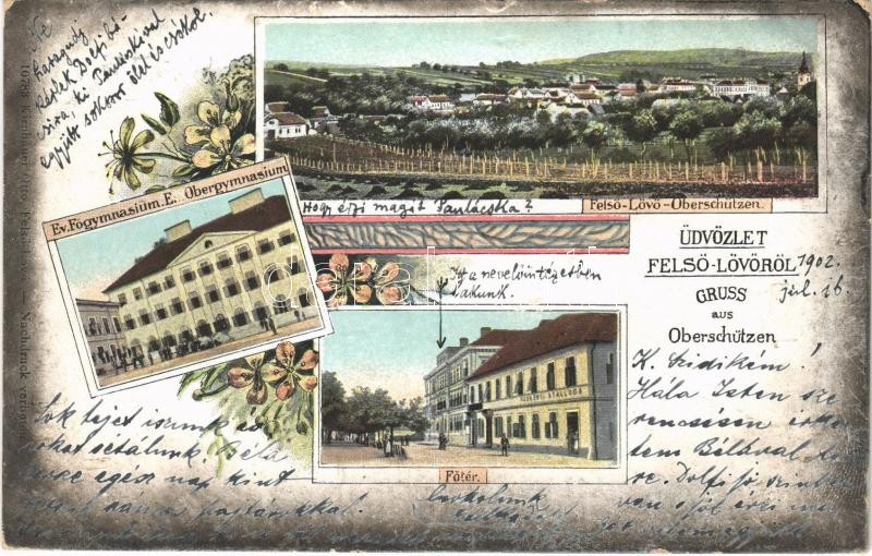 1902 Felsőlövő, Oberschützen; Evangélikus főgimnázium, Fő tér, Központi szálloda. Kirnbauer Ottó 10783. / grammar school, main square, hotel. Floral, Art Nouveau, litho